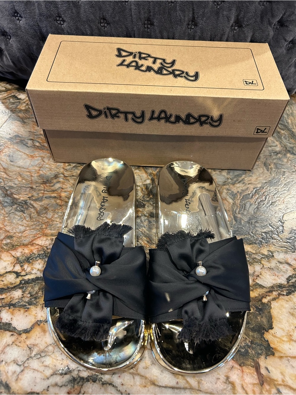 Dirty Laundry ‘May’ Black Satin Slide Sandals with Gold Metallic Footbed